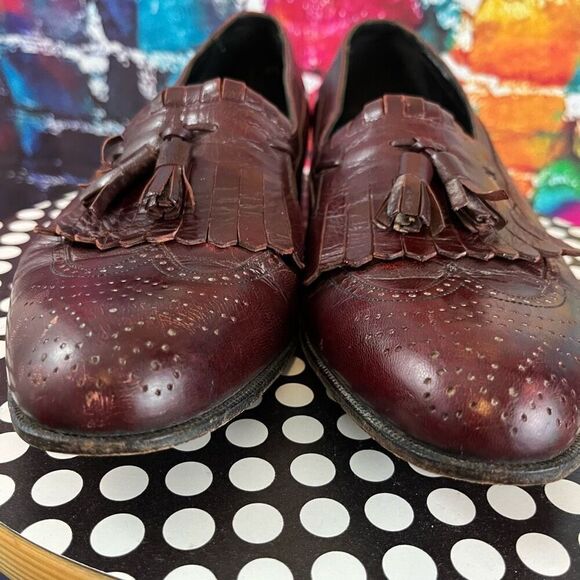 Florsheim Burgundy Leather Kiltie Tassel Wingtip Slip On Loafer Size 9 Medium - Picture 3 of 9